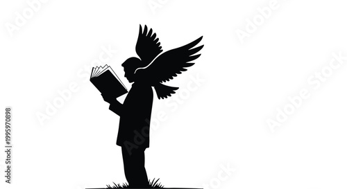 Silhouetted figure absorbed in reading with a bird taking flight from their shoulders, symbolizing knowledge and freedom.