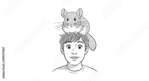 Chinchilla sitting on young man's head line art illustration