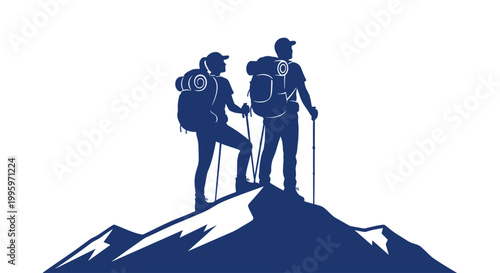 Couple hikers standing on mountain peak with trekking poles.