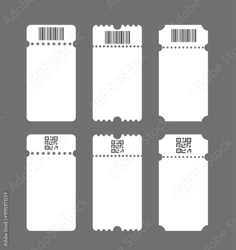 Paper Ticket Icon Set. Perforated ticket and stub icons. Event admission and travel symbols. Cinema pass and concert design. Retro movie pass and raffle
