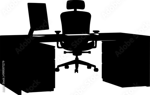Office cubicle with desk and chair silhouette isolated on white background