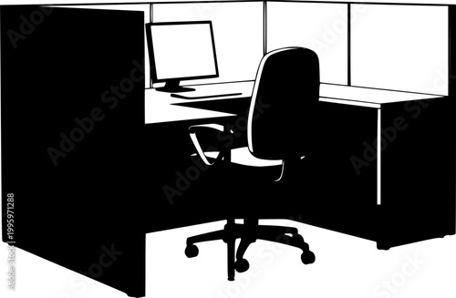 Office cubicle with desk and chair silhouette isolated on white background