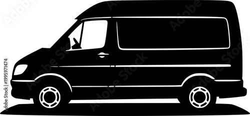 Black silhouette of a van against a isolated on white background