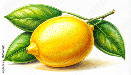 A charming illustration of a vibrant yellow lemon with leaves.