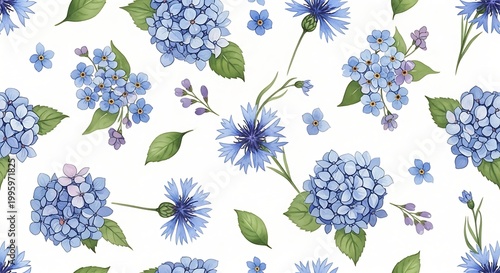 Watercolor floral pattern with blue hydrangeas and cornflowers on white background.