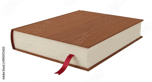 Minimal black silhouette icon, simple flat vector, bold black shape, no, no shading a closed hardcover book with a wood grain texture cover and a red bookmark on a, flat icon style