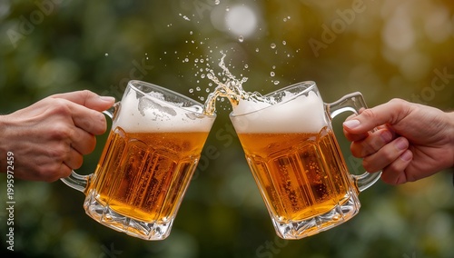 Two hands clinking together two beer mugs, celebrating a social gathering