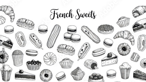 Hand Drawn Illustration Of Assorted French Pastries And Sweets On White Background