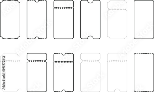 Paper Ticket Icon Set. Perforated ticket and stub icons. Event admission and travel symbols. Cinema pass and concert design. Retro movie pass and raffle
