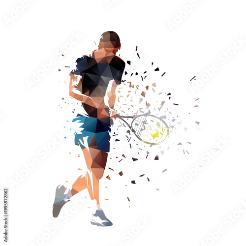 Tennis player, backhand shot, isolated low poly vector illustration with distortion effect. Sports athlete clip art, front view