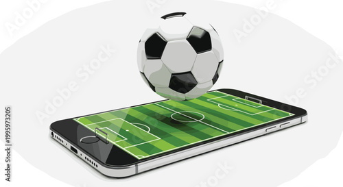Soccer ball emerging from smartphone screen digital football field concept sports technology mobile app vector illustration isolated on light background