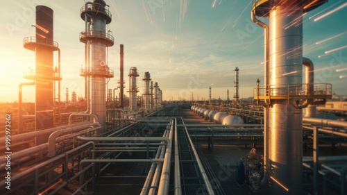 Industrial Refinery Pipes at Sunset with Golden Hour Lighting