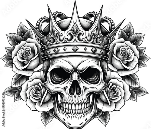 Skull with crown and roses detailed gothic tattoo style illustration dark fantasy royal skeleton vector isolated on light background