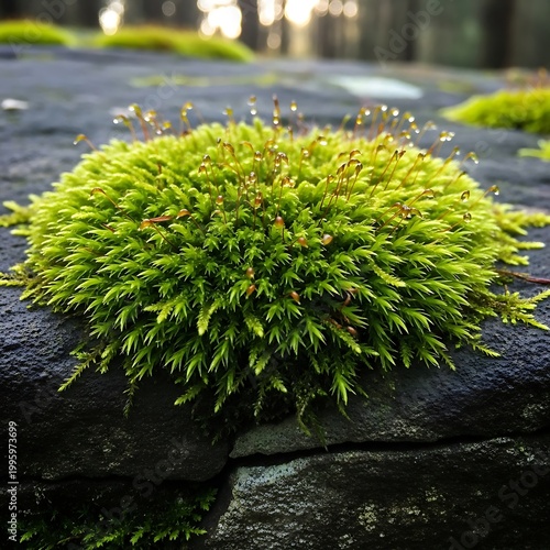 Vibrant green moss cluster growing on dark stone surface.