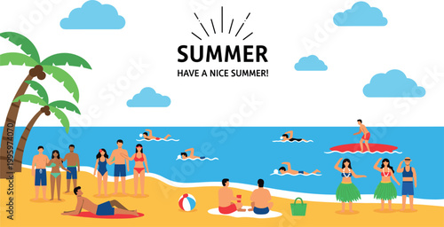 Summer beach party illustration with people swimming sunbathing surfing and dancing on tropical seaside vacation holiday scene