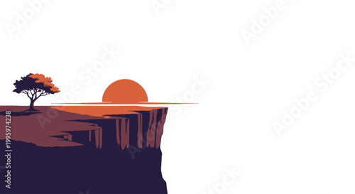 Foto Minimalist landscape with a lone tree on a cliff edge at sunset.