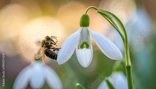 Bee collecting nectar from snowdrop flower.