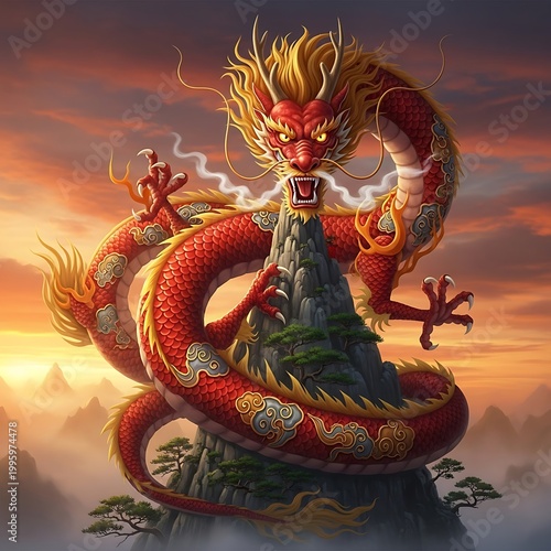 Majestic Red Dragon Perched Atop Mountain Peak.