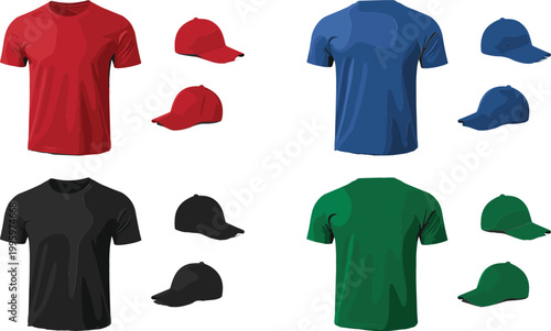 T shirt and cap set in multiple colors casual apparel collection mockup clothing vector illustration isolated on light background