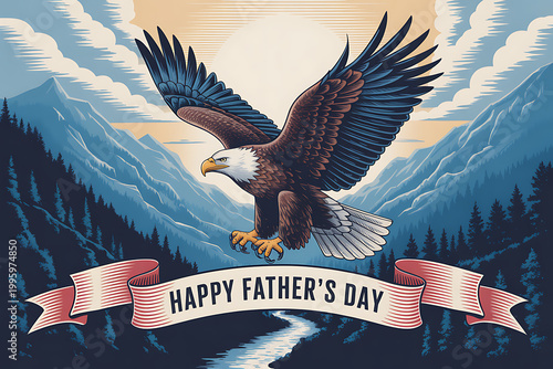 A majestic eagle soaring over a mountain landscape with a Happy Father's Day banner on transparent background