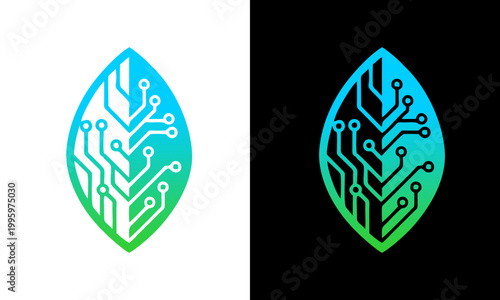 A futuristic leaf design with circuit board patterns on a gradient background is shown in two different environments.