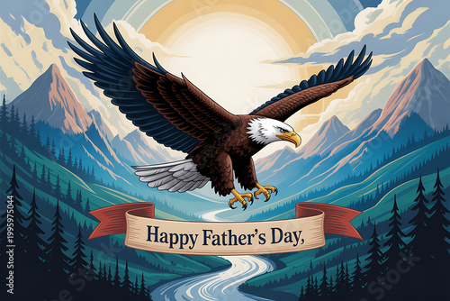A majestic bald eagle soaring over a serene mountain landscape with a Happy Father's Day banner on transparent background