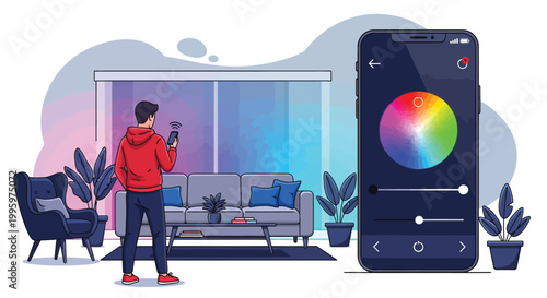 Fotografija A man controls smart home lighting with a smartphone app showcasing modern conve