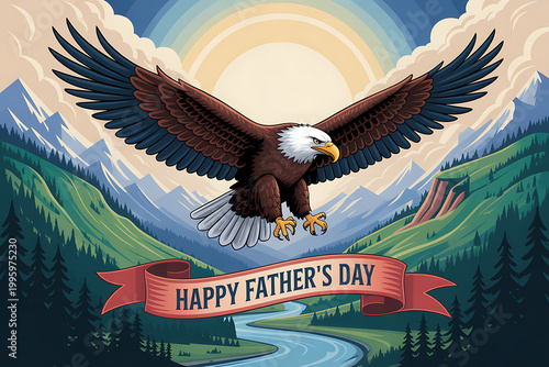 A majestic bald eagle soaring over a serene mountain landscape with a Happy Father's Day banner on transparent background