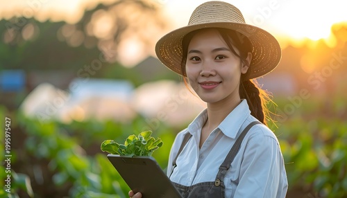 Asian woman farmer holding plant clipboard.