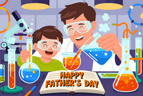 A cartoon illustration of a man and a boy in a science lab on transparent background