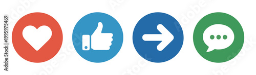 Social media interface buttons with heart like arrow and comment bubble icons for online user engagement flow.