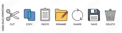 File management icon collection showing cut copy paste rename share save and delete operations with colors.