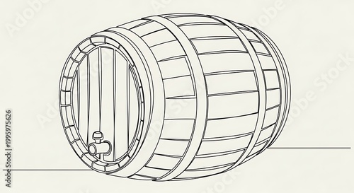 Wooden Barrel Illustration - Detailed Outline on Neutral Background.