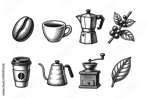 Modern and Traditional Coffee Icons Vector Illustration Set Hand Drawn in Vintage Engraving Style Featuring Moka Pot Grinder and To-Go Cup for Cafe Apps