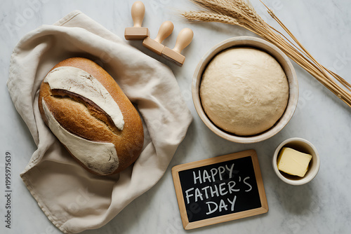 A loaf of bread and baking ingredients on a table with a Happy Father's Day sign on transparent background