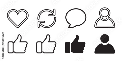 Outline and solid black social networking icons collection including profile like heart and speech bubbles.
