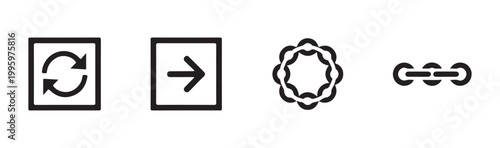 Functional web interface icons featuring update loops directional arrows chain links and network circles.