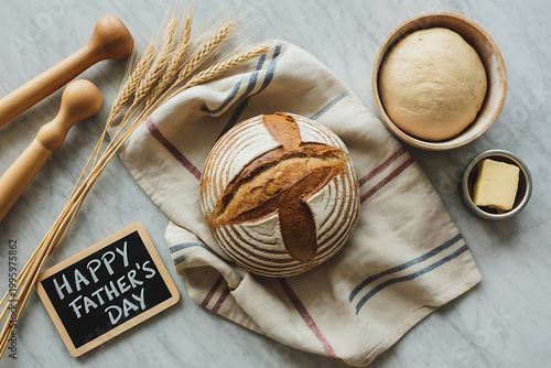 A loaf of bread and baking utensils on a marble countertop with a Happy Father's Day sign on transparent background