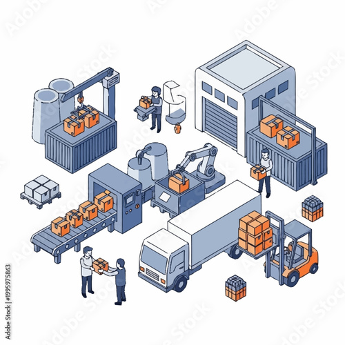 Industrial factory logistics and manufacturing process illustration.
