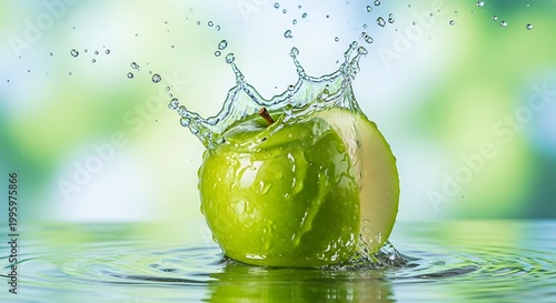 Green apple sliced with water splash, fresh and juicy.