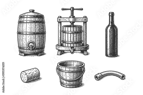 Vintage Wine Making Equipment Vector Illustration Set Featuring Oak Barrel Press Bottle and Cork in Classic Woodcut Engraving Style for Winery Branding