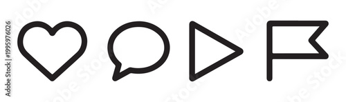 Social media icons heart speech bubble play button and bookmark outline transparent background design elements.