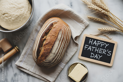 A loaf of bread and butter on a marble countertop with a Happy Father's Day sign on transparent background