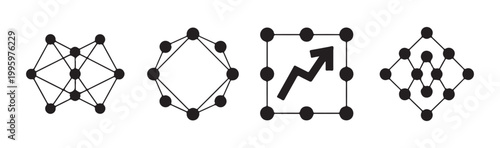 Modern science icons network molecular structure geometric shapes and growth arrow symbols abstract vector design elements.