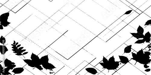 An architectural sketch of a grunge floral background blends abstract leaf patterns with technical blueprint lines and pencil drafting elements for a creative home design project