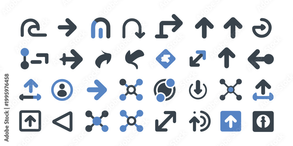 Fototapeta premium Diverse arrow icons and abstract symbols directional navigation progress connection and science molecular structure elements.