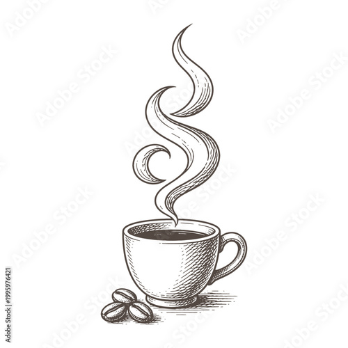 Hot Coffee Cup with Aroma Steam and Beans Vector Illustration Hand Drawn in Vintage Woodcut Engraving Style for Coffee Shop Branding and Menus