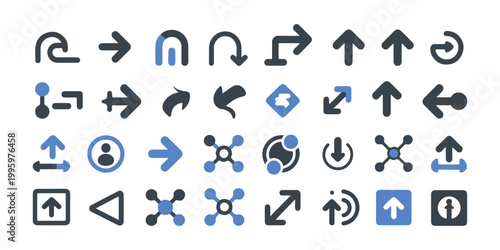 Diverse arrow icons and abstract symbols directional navigation progress connection and science molecular structure elements.