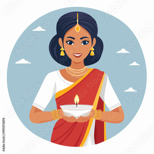 Indian Woman in Sari Holding a Diya Lamp