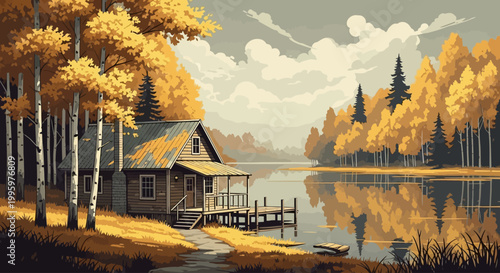 Cozy autumn cabin nestled beside a serene lake with vibrant fall foliage.